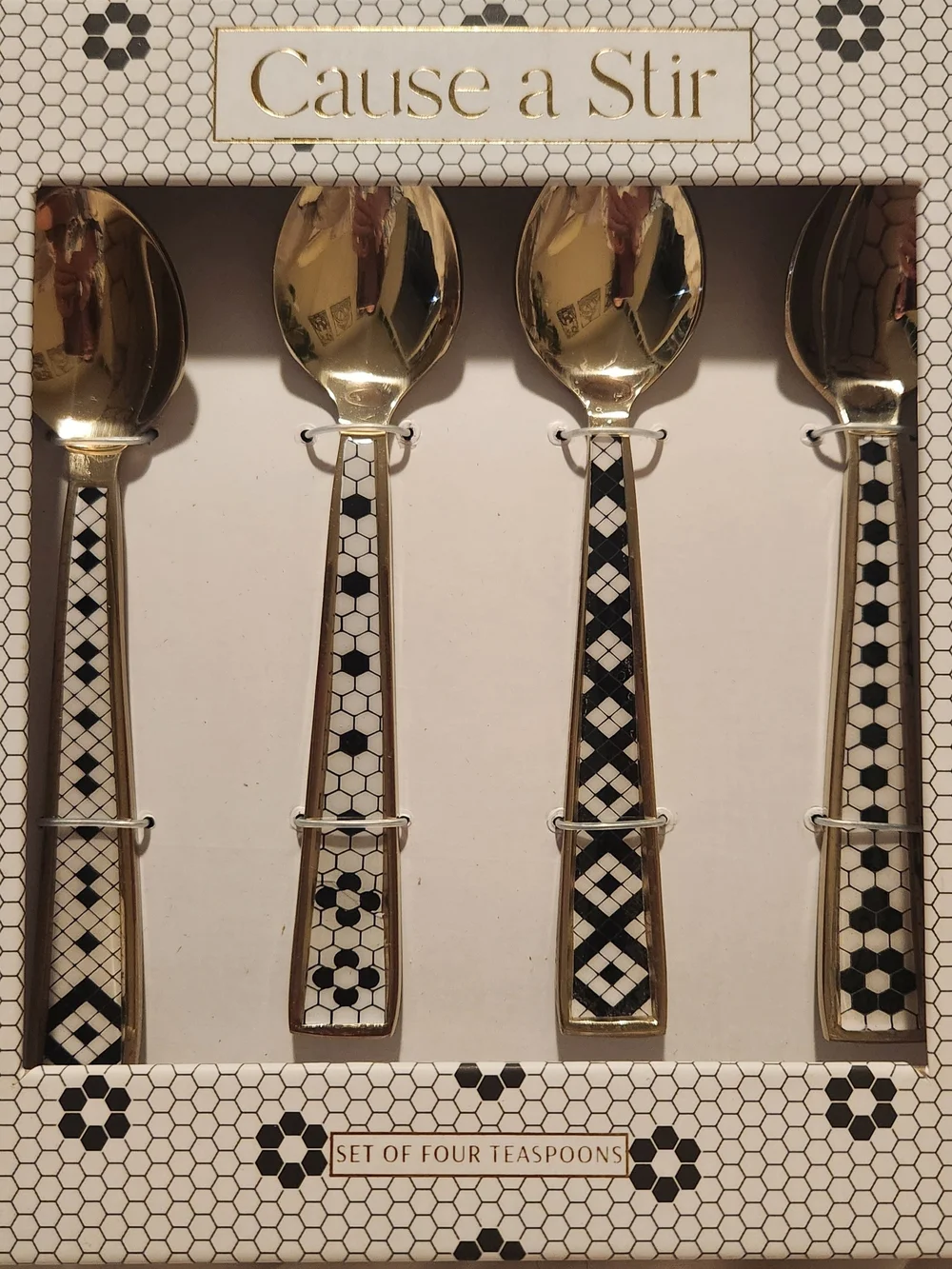 Anthropologie, Bistro Teaspoon Set with Black and White Mosaic Handles, New
